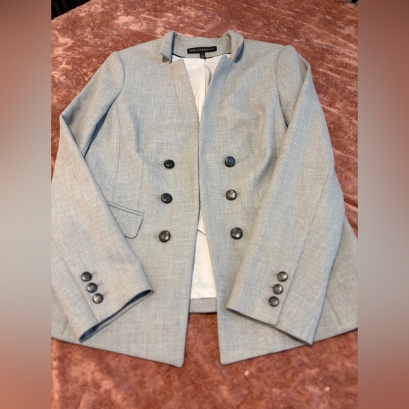 WHBM Classy Stand Neck Notched Collar Textured Gray Double-Breasted Blazer - Picture 3 of 11